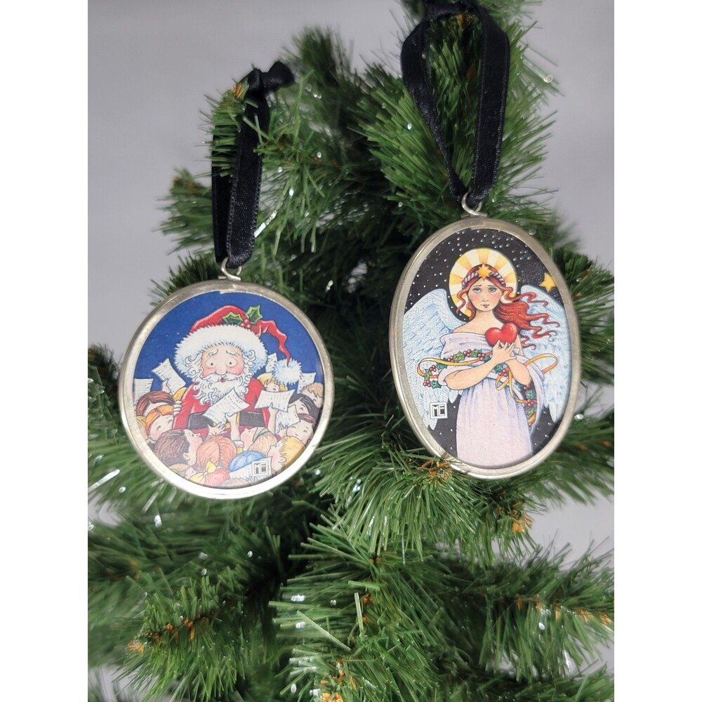 Mary Engelbreit Ink Enesco Artistry Glass Angel Santa Christmas Ornaments 1998